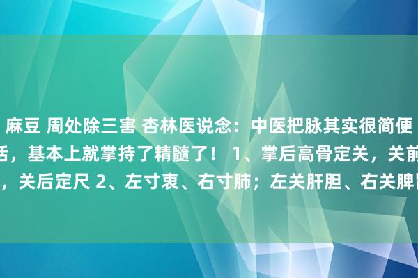 麻豆 周处除三害 杏林医说念：中医把脉其实很简便，莫得那么难，难忘3句话，基本上就掌持了精髓了！ 1、掌后高骨定关，关前定寸，关后定尺 2、左寸衷、右寸肺；左关肝胆、右关脾胃；摆布尺是肾&nbs...